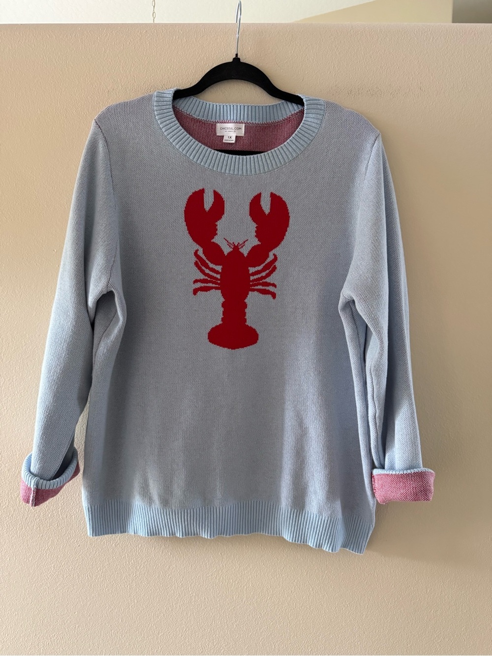 Light Blue Coastal Crewneck Sweater with Red Lobster Motif